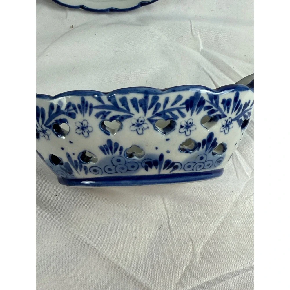 Vintage Delft Holland Ceramic Heart Cutout Windmill Nut Candy Bowls Set of 2